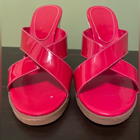 Vintage Ralph Lauren Virginia Monogram Wedge Slip on Opened-toe Red Sz 7 1/2 - Picture 13 of 14